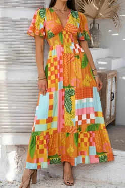 Outlet Dear-Lover Floral Print Smocked Empire Waist V Neck Maxi Dress Orange