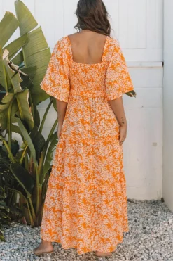 Fashion Dear-Lover Floral Print Smocked V Neck Wide Sleeve Maxi Dress Orange