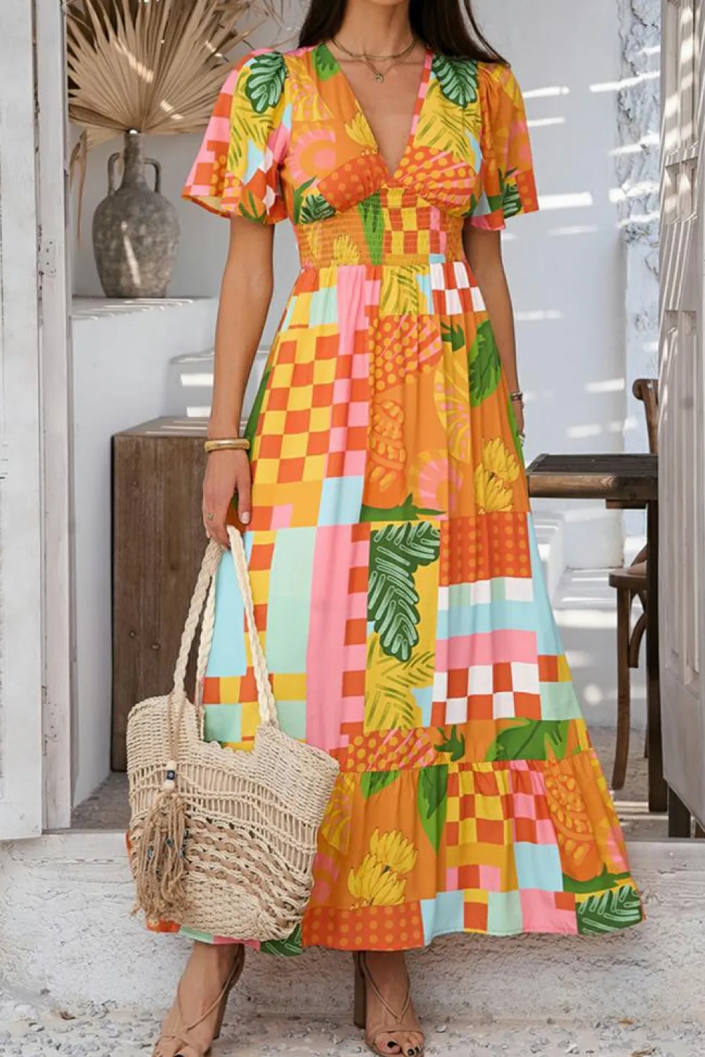 Outlet Dear-Lover Floral Print Smocked Empire Waist V Neck Maxi Dress Orange