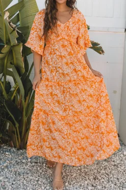 Fashion Dear-Lover Floral Print Smocked V Neck Wide Sleeve Maxi Dress Orange