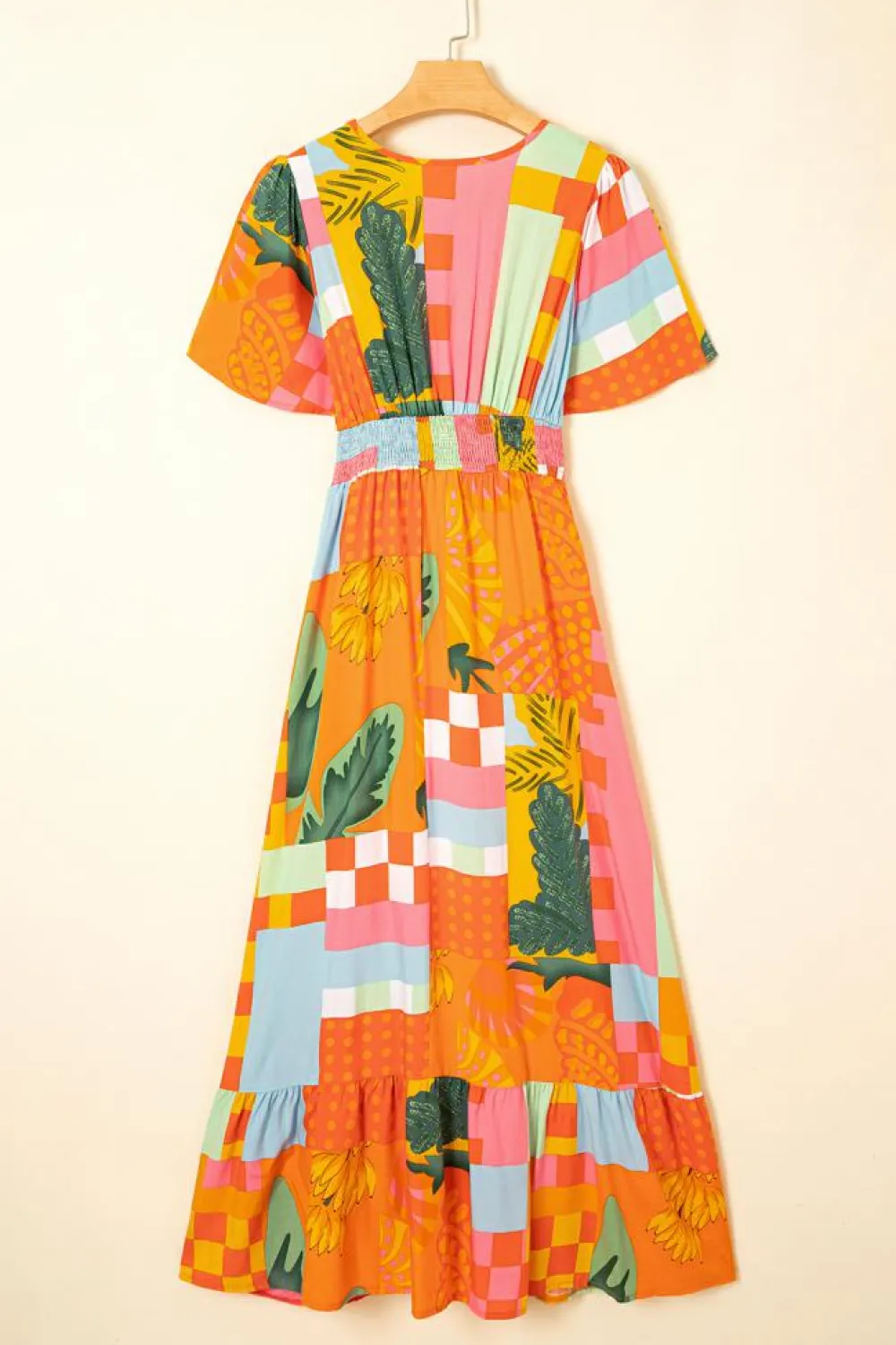 Outlet Dear-Lover Floral Print Smocked Empire Waist V Neck Maxi Dress Orange