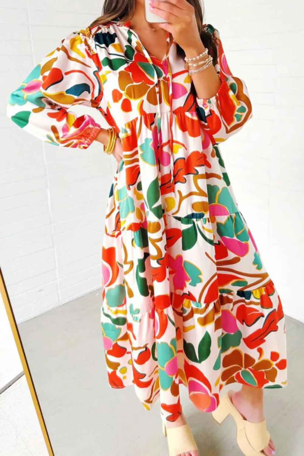 New Dear-Lover Floral Print Split V Neck Tiered Maxi Dress Orange