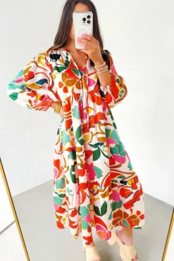 New Dear-Lover Floral Print Split V Neck Tiered Maxi Dress Orange