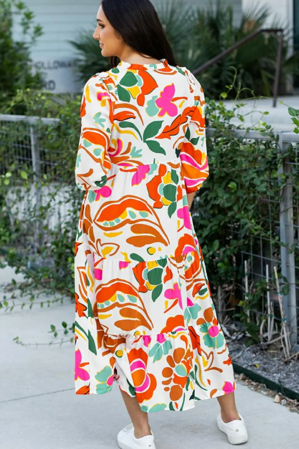 New Dear-Lover Floral Print Split V Neck Tiered Maxi Dress Orange