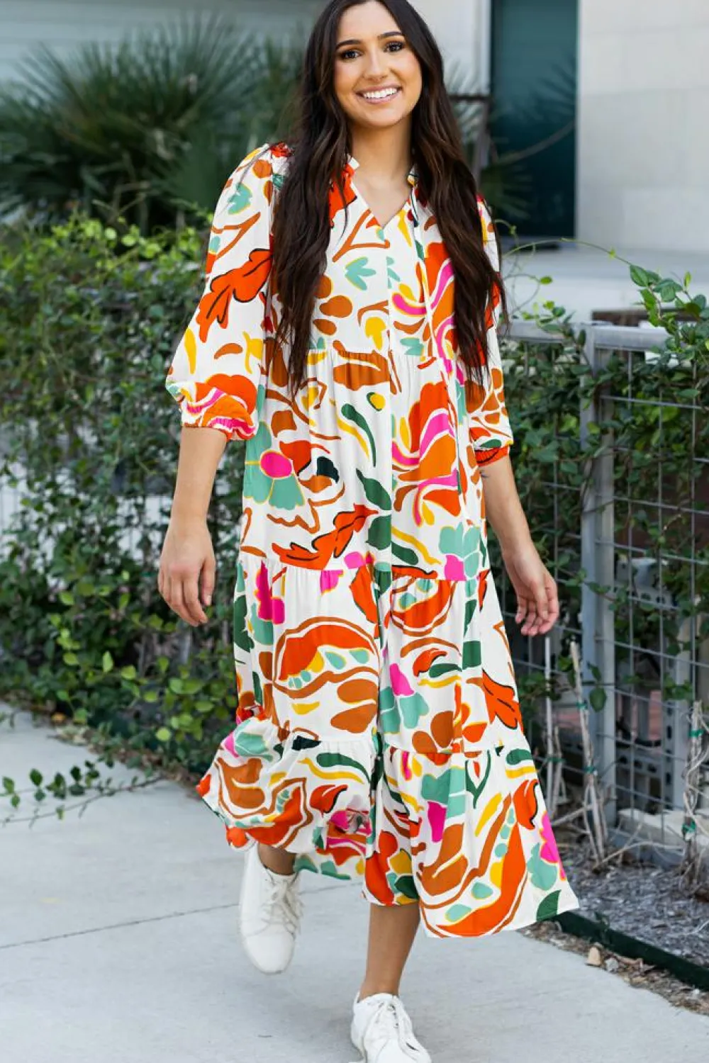 New Dear-Lover Floral Print Split V Neck Tiered Maxi Dress Orange
