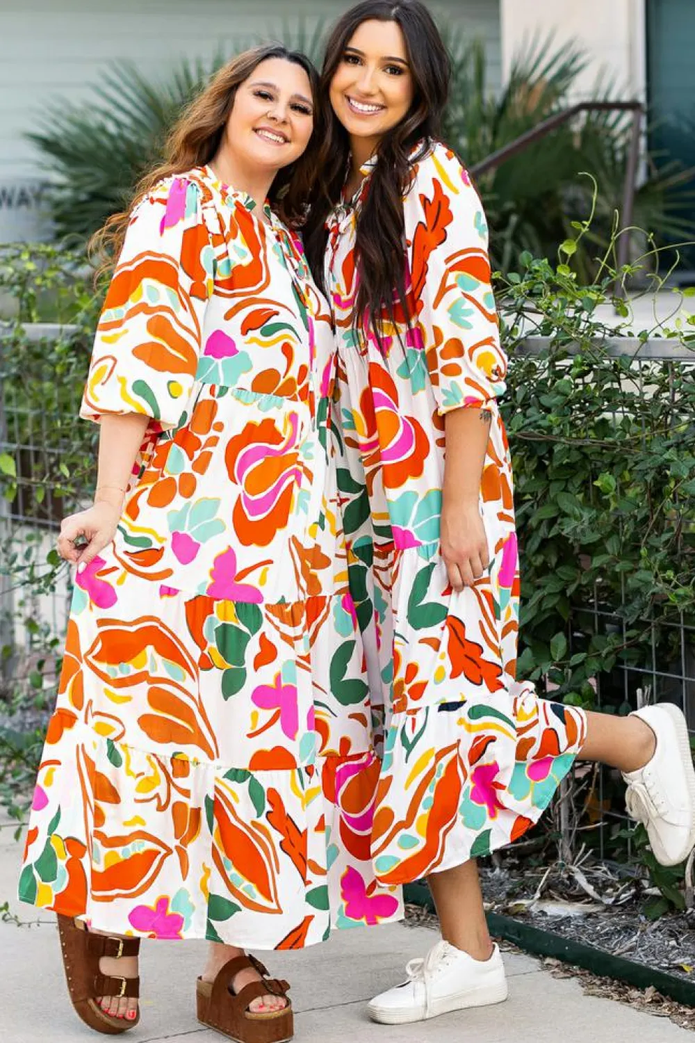 New Dear-Lover Floral Print Split V Neck Tiered Maxi Dress Orange