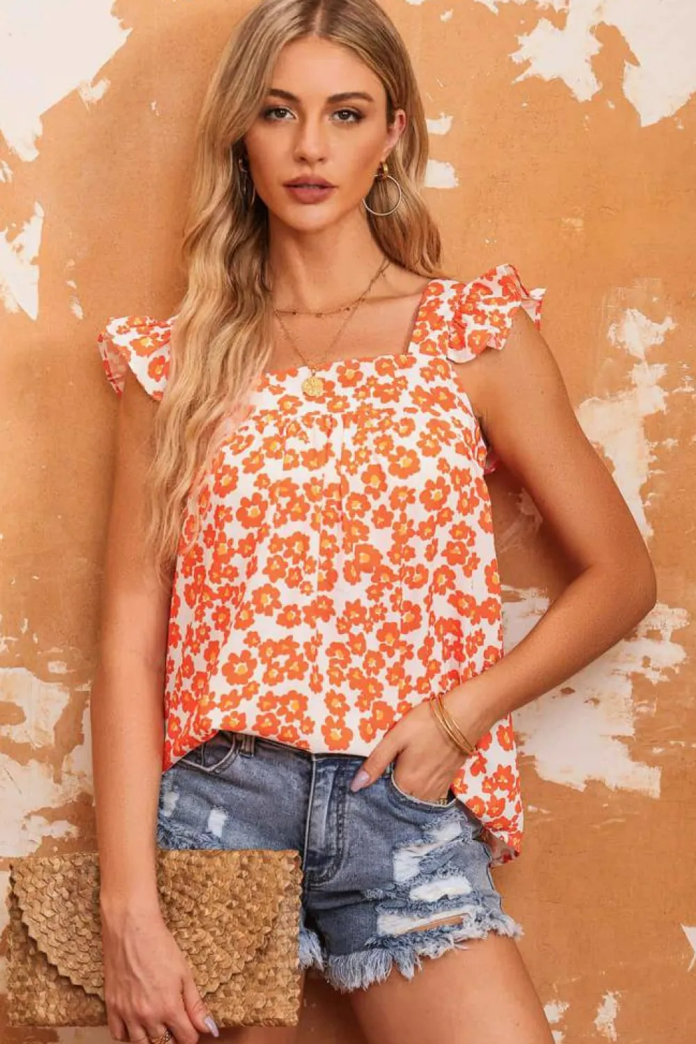 Online Dear-Lover Floral Print Square Neck Ruffle Tank Top Orange