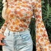 New Dear-Lover Floral Printed Bell Sleeve Mock Neck Scallop Trim Blouse Orange