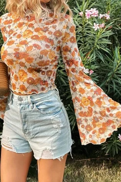 New Dear-Lover Floral Printed Bell Sleeve Mock Neck Scallop Trim Blouse Orange