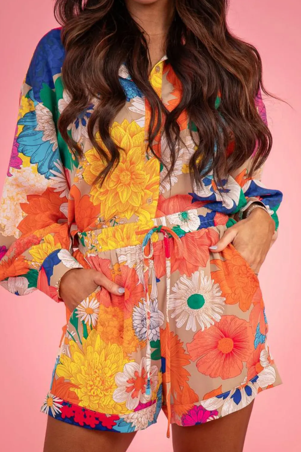 Fashion Dear-Lover Floral Printed Shirt Two Piece Drawstring Shorts Set Orange