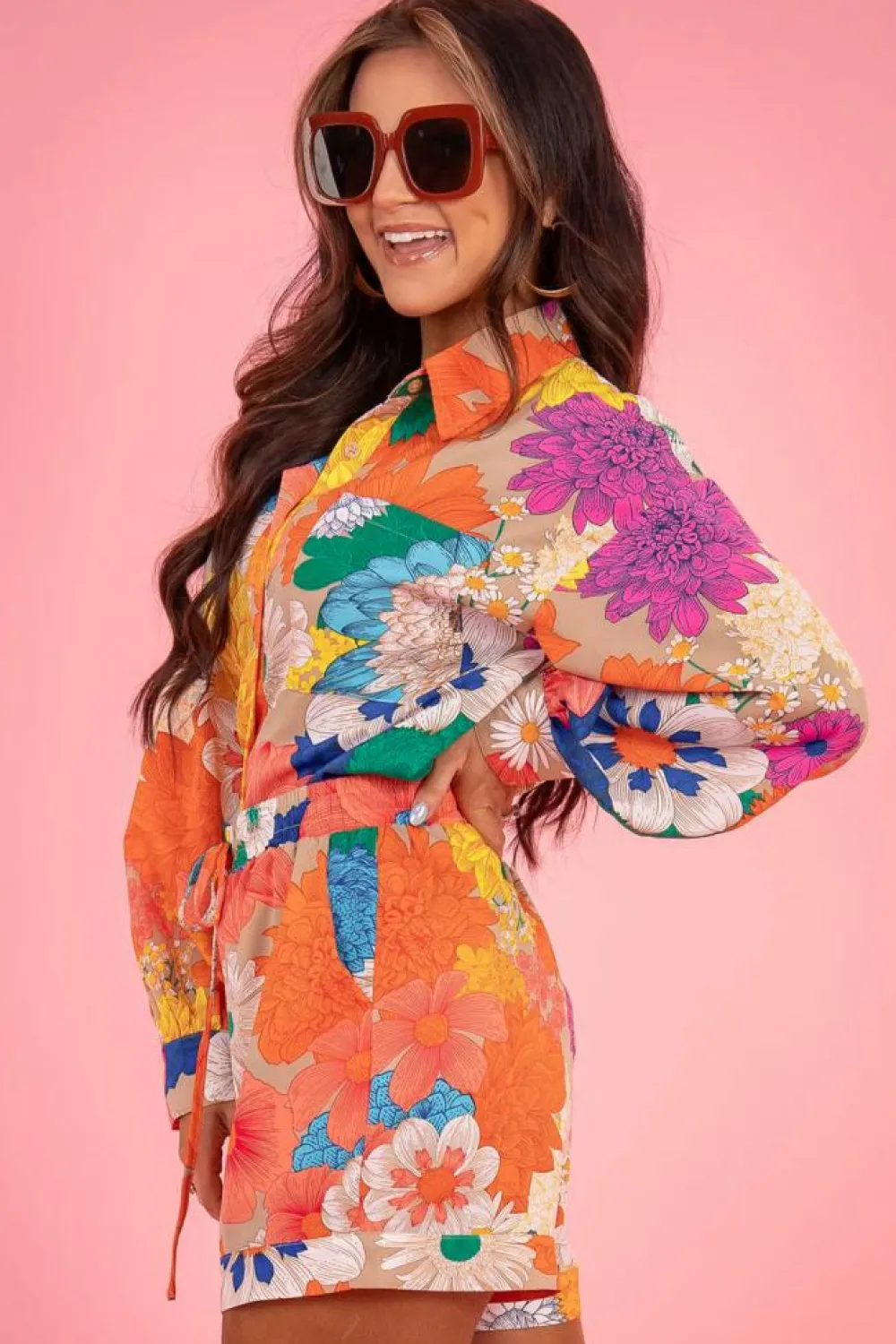 Fashion Dear-Lover Floral Printed Shirt Two Piece Drawstring Shorts Set Orange