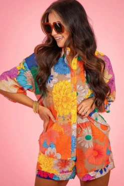 Fashion Dear-Lover Floral Printed Shirt Two Piece Drawstring Shorts Set Orange