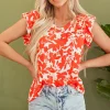 Sale Dear-Lover Floral Ruffle Sleeve Print Top Orange