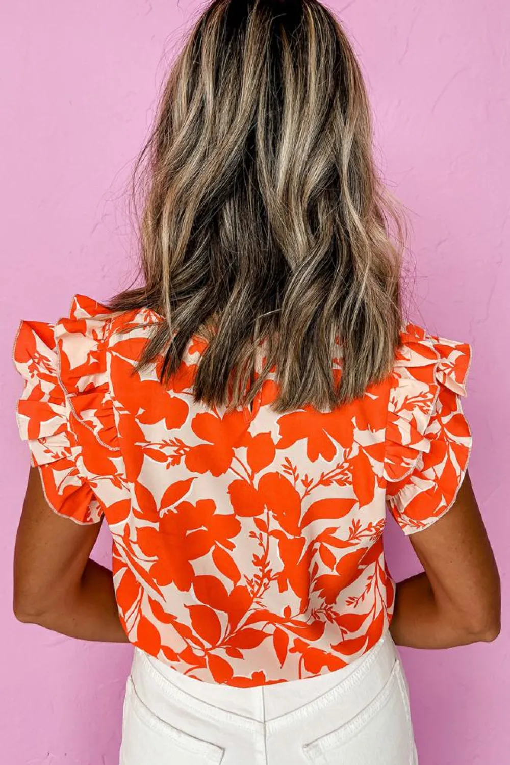 Sale Dear-Lover Floral Ruffle Sleeve Print Top Orange