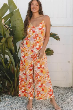 Outlet Dear-Lover Floral V Neck Wide Leg Sleeveless Jumpsuit Orange