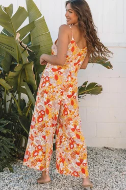 Outlet Dear-Lover Floral V Neck Wide Leg Sleeveless Jumpsuit Orange