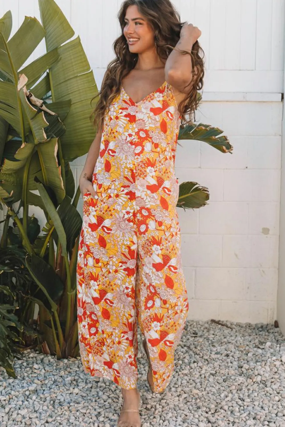 Outlet Dear-Lover Floral V Neck Wide Leg Sleeveless Jumpsuit Orange