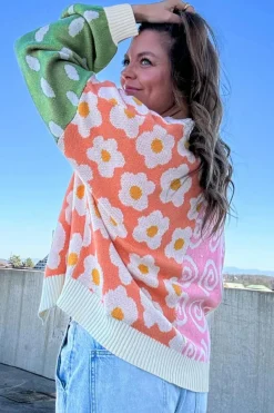 Outlet Dear-Lover Flower & Dotted Mixed Print Colorblock Open Front Cardigan Orange