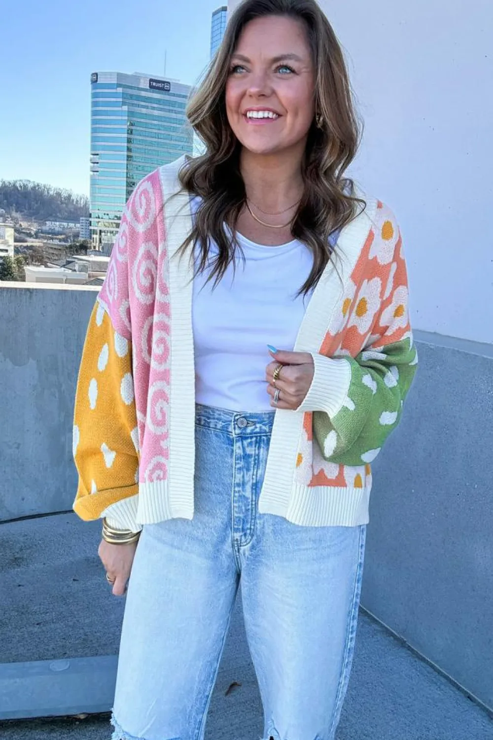 Outlet Dear-Lover Flower & Dotted Mixed Print Colorblock Open Front Cardigan Orange