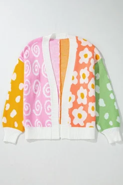 Outlet Dear-Lover Flower & Dotted Mixed Print Colorblock Open Front Cardigan Orange