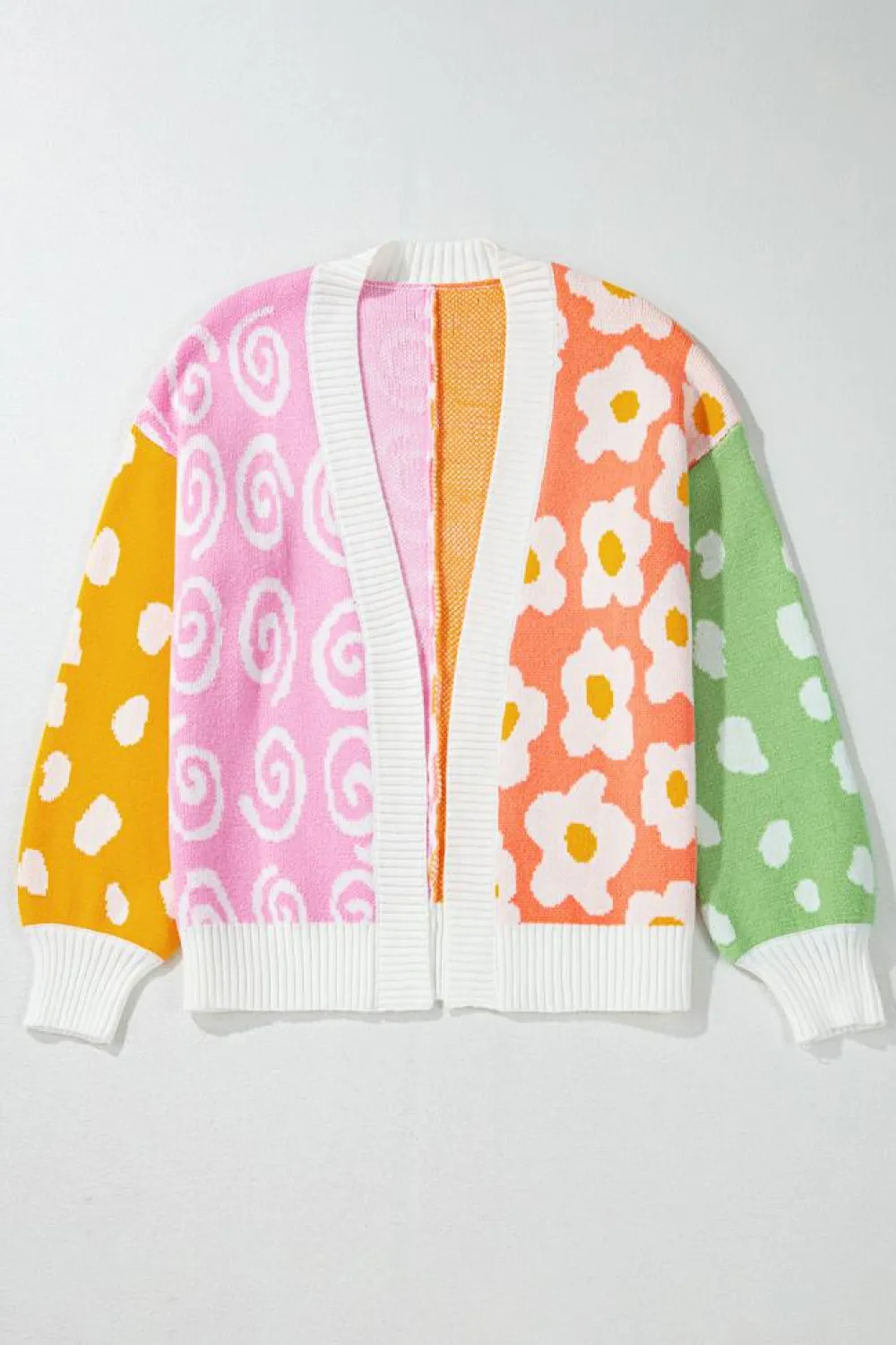 Outlet Dear-Lover Flower & Dotted Mixed Print Colorblock Open Front Cardigan Orange