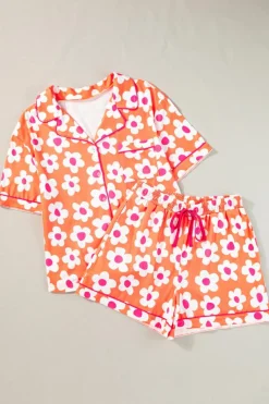 New Dear-Lover Flower Print Short Sleeve Shirt Pajamas Set Orange