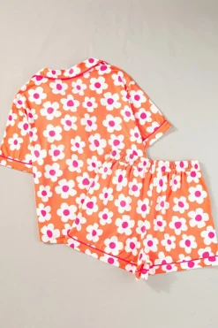 New Dear-Lover Flower Print Short Sleeve Shirt Pajamas Set Orange