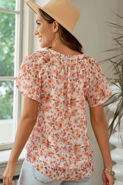 Best Dear-Lover Flutter Sleeve V Neck Floral Summer Blouse Orange