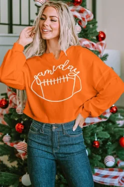 Fashion Dear-Lover Game Day Lettering Rugby Football Notched Neck Sweatshirt Orange