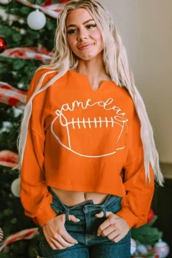 Fashion Dear-Lover Game Day Lettering Rugby Football Notched Neck Sweatshirt Orange