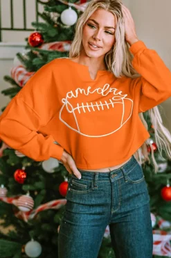 Fashion Dear-Lover Game Day Lettering Rugby Football Notched Neck Sweatshirt Orange
