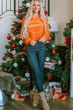 Fashion Dear-Lover Game Day Lettering Rugby Football Notched Neck Sweatshirt Orange