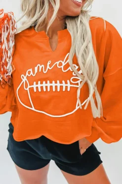 Fashion Dear-Lover Game Day Lettering Rugby Football Notched Neck Sweatshirt Orange