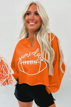 Fashion Dear-Lover Game Day Lettering Rugby Football Notched Neck Sweatshirt Orange