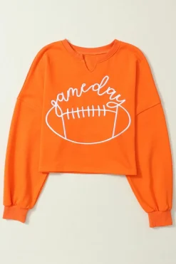 Fashion Dear-Lover Game Day Lettering Rugby Football Notched Neck Sweatshirt Orange