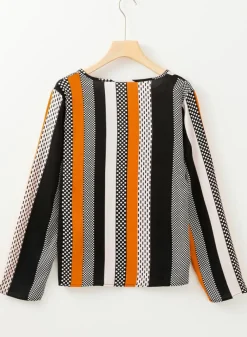 Discount Dear-Lover Geo Print Colorblock Notched V Neck Blouse Orange