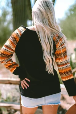 Clearance Dear-Lover Geo Print Raglan Patchwork Long Sleeve Tee Orange