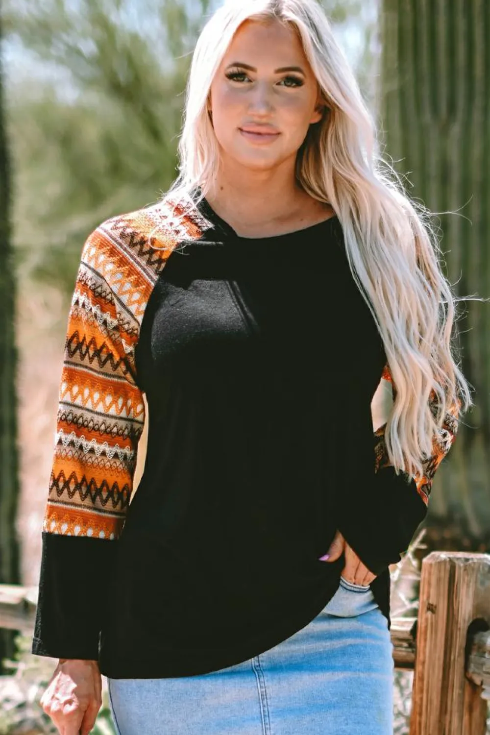 Clearance Dear-Lover Geo Print Raglan Patchwork Long Sleeve Tee Orange