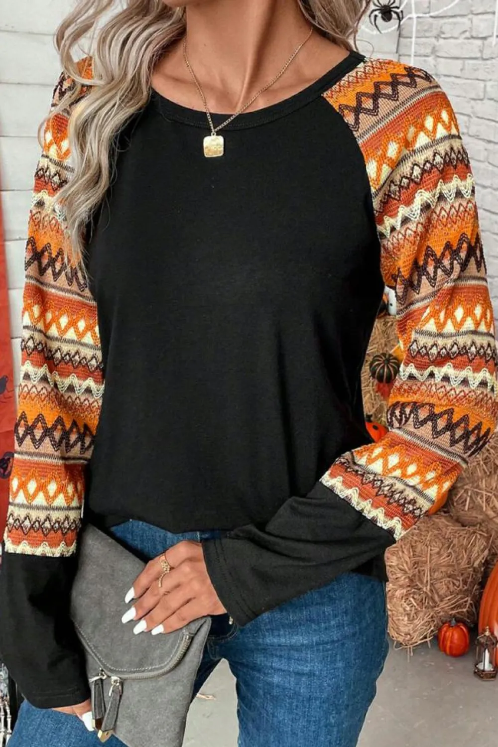 Clearance Dear-Lover Geo Print Raglan Patchwork Long Sleeve Tee Orange