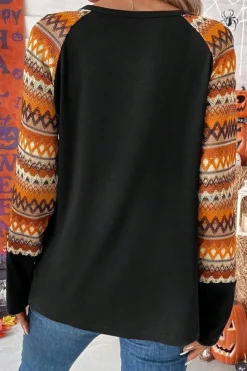 Clearance Dear-Lover Geo Print Raglan Patchwork Long Sleeve Tee Orange