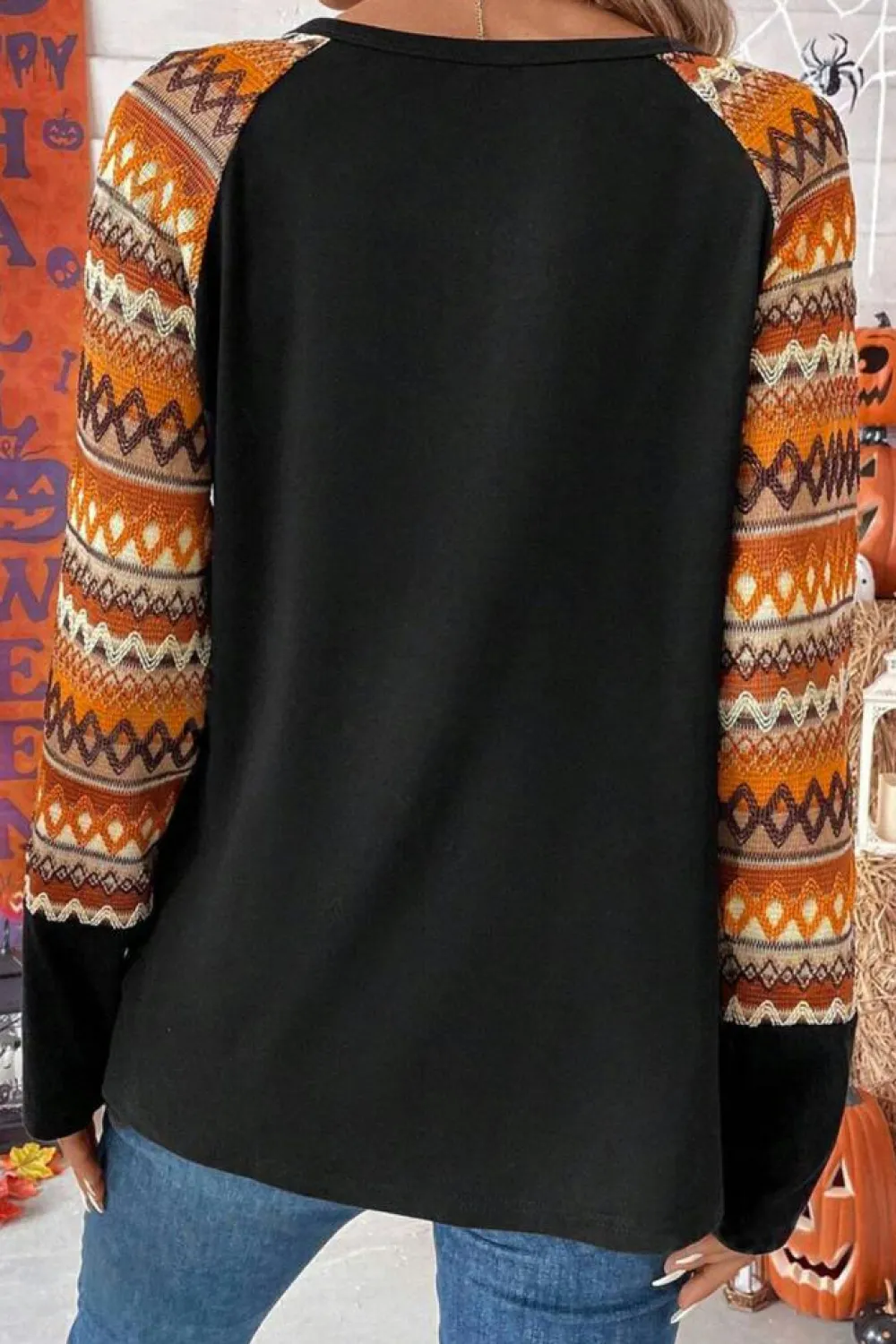 Clearance Dear-Lover Geo Print Raglan Patchwork Long Sleeve Tee Orange