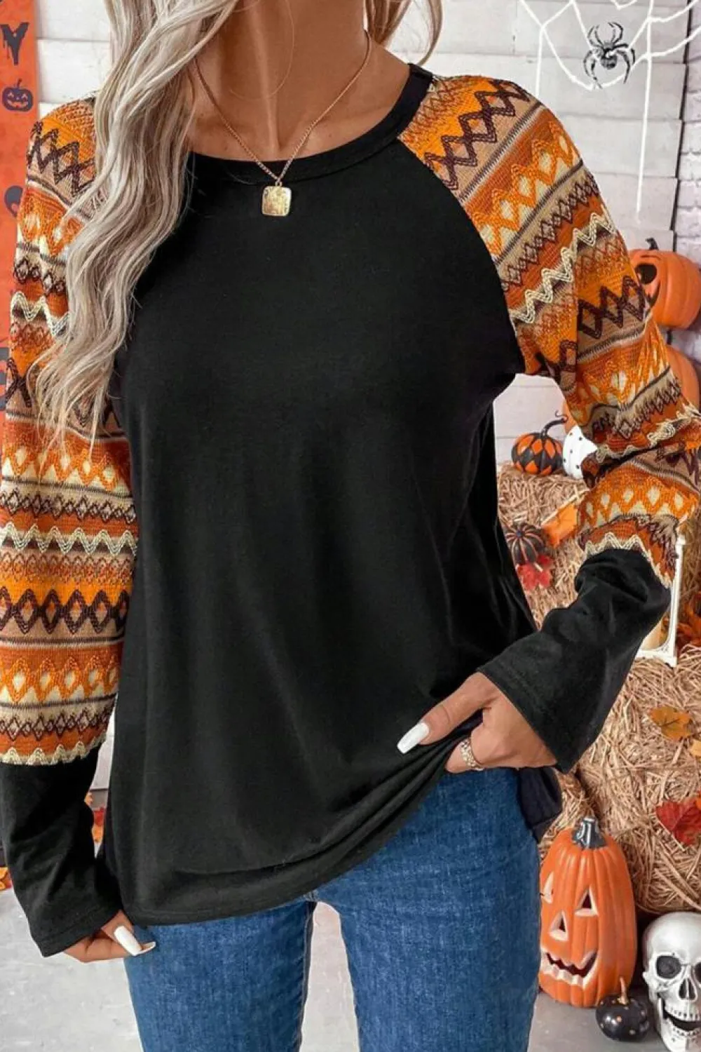 Clearance Dear-Lover Geo Print Raglan Patchwork Long Sleeve Tee Orange
