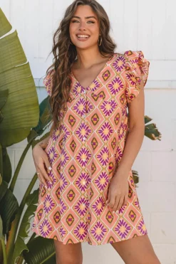 New Dear-Lover Geometric Floral V Neck Buttoned Ruffled Sleeve Mini Dress Orange