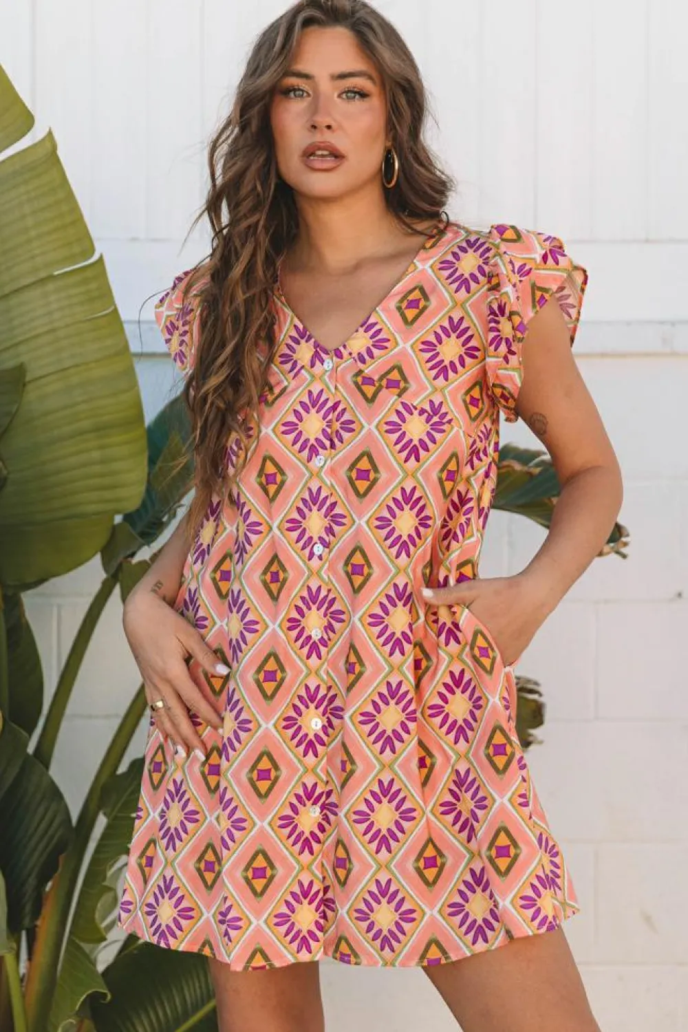 New Dear-Lover Geometric Floral V Neck Buttoned Ruffled Sleeve Mini Dress Orange