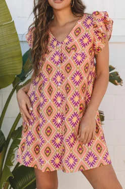 New Dear-Lover Geometric Floral V Neck Buttoned Ruffled Sleeve Mini Dress Orange