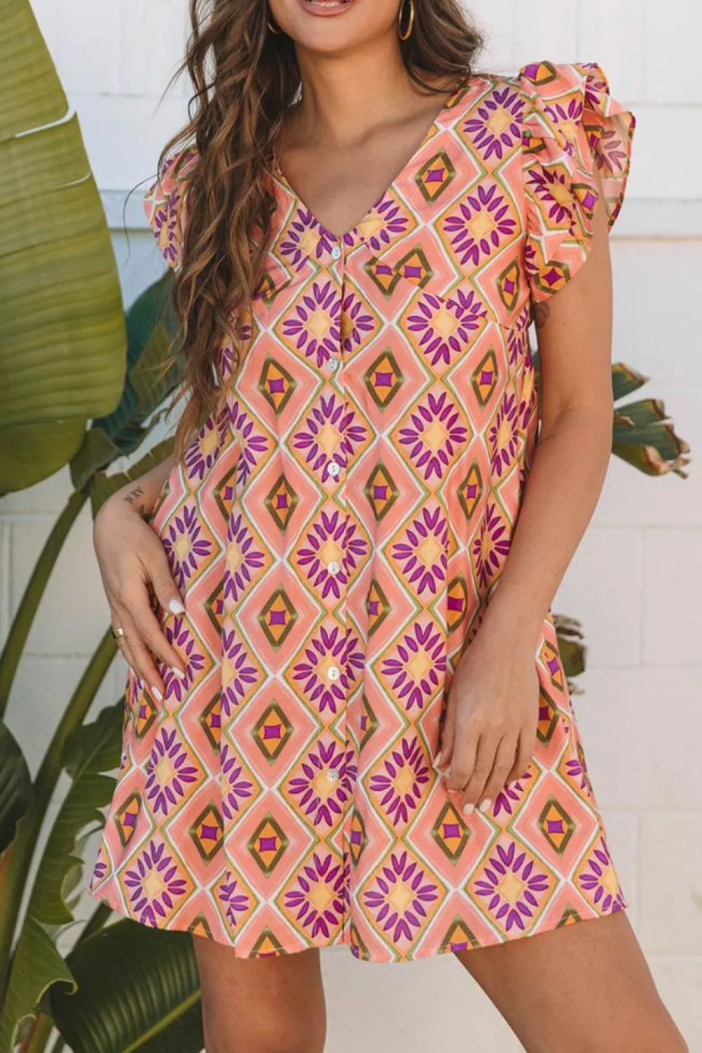 New Dear-Lover Geometric Floral V Neck Buttoned Ruffled Sleeve Mini Dress Orange