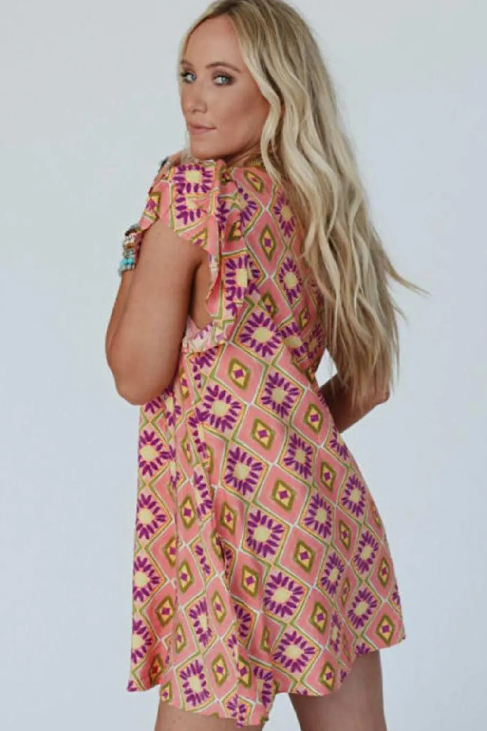 New Dear-Lover Geometric Floral V Neck Buttoned Ruffled Sleeve Mini Dress Orange