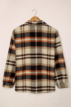 Outlet Dear-Lover Geometric Plaid Print Pocketed Shacket Orange
