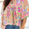 New Dear-Lover Geometric Print Bell Sleeve O Neck Babydoll Blouse Orange