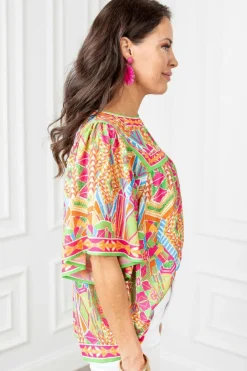 New Dear-Lover Geometric Print Bell Sleeve O Neck Babydoll Blouse Orange